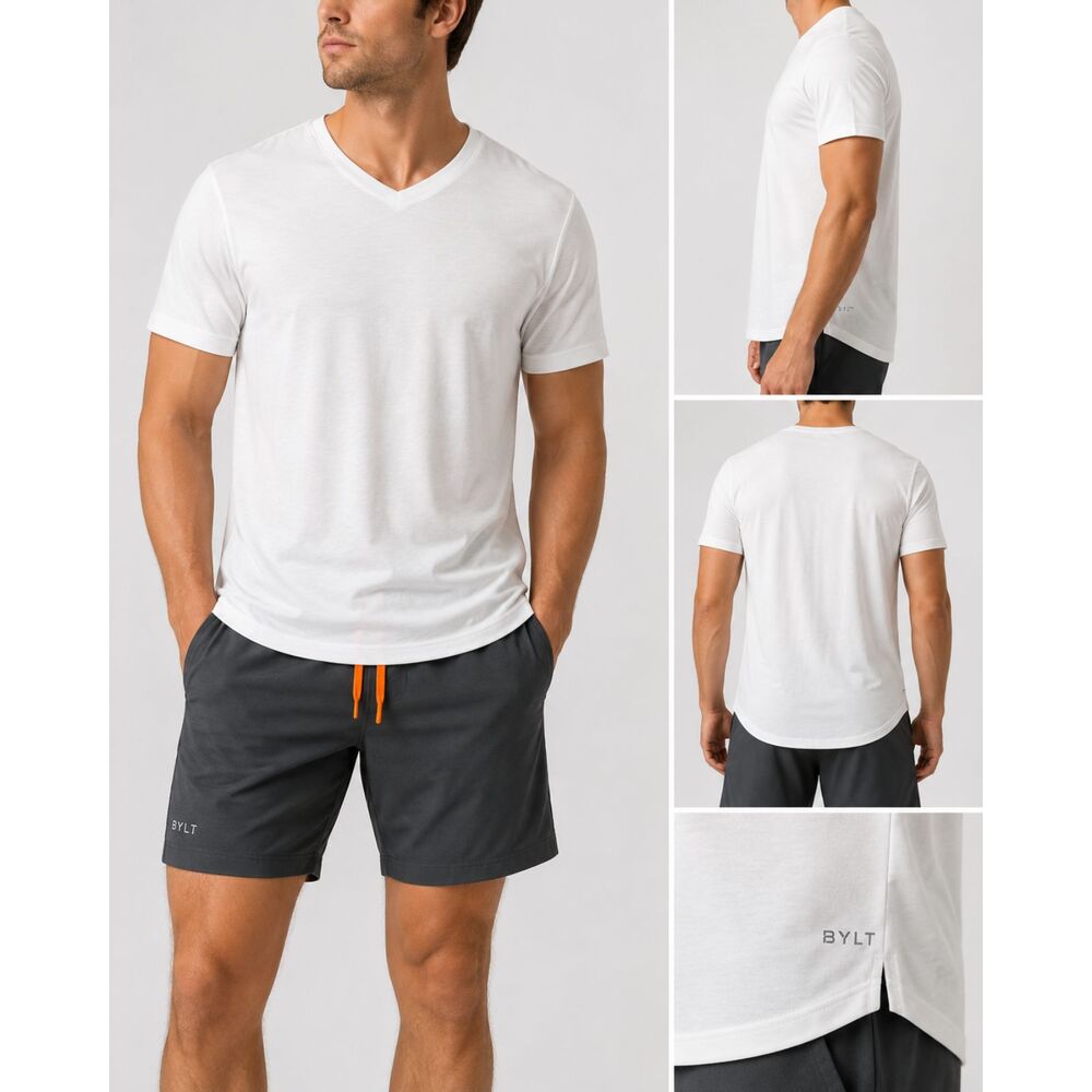 BYLT Premium Basics Signature V-Neck T-Shirt White XL Drop Cut Hem